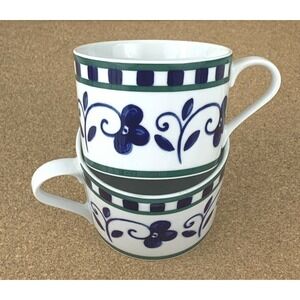 Set of 2 Vintage Ceramic Mugs Floral Blue Green Stripe Kitchenware